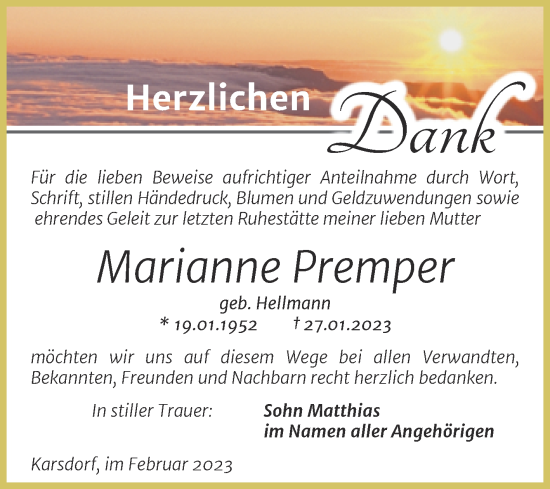 Traueranzeige von Marianne Premper von Wochenspiegel Naumburg/Nebra