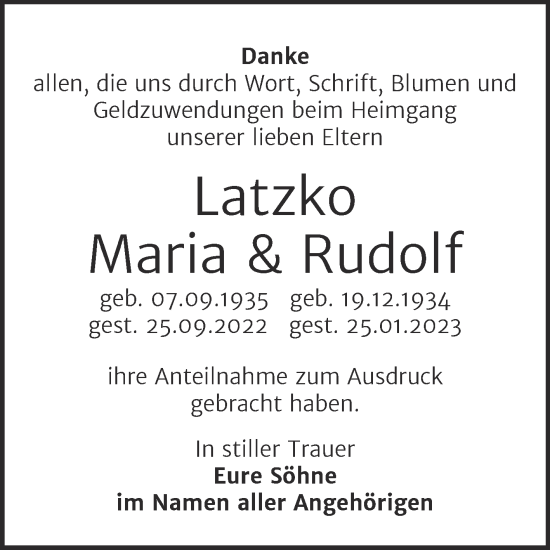 Traueranzeige von Maria und Rudolf Latzko von Trauerkombi Sangerhausen