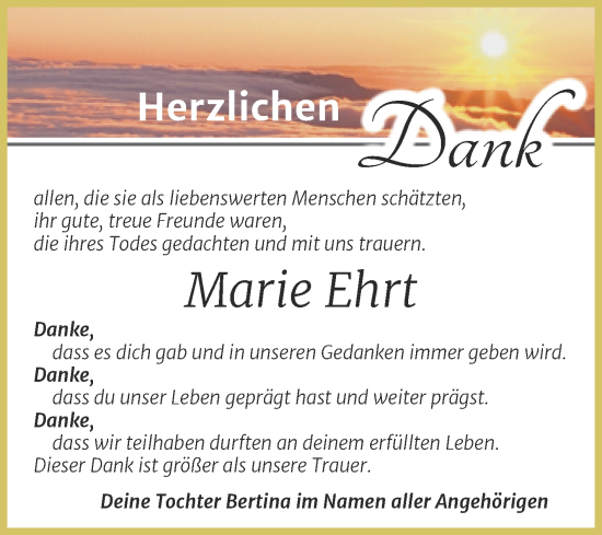 Traueranzeige von Marie Ehrt von Trauerkombi Sangerhausen
