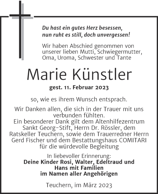 Traueranzeige von Marie Künstler von Trauerkombi Weißenfels