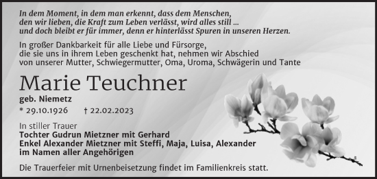 Traueranzeige von Marie Teuchner von Trauerkombi Bitterfeld