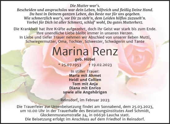Traueranzeige von Marina Renz von Wochenspiegel Naumburg/Nebra