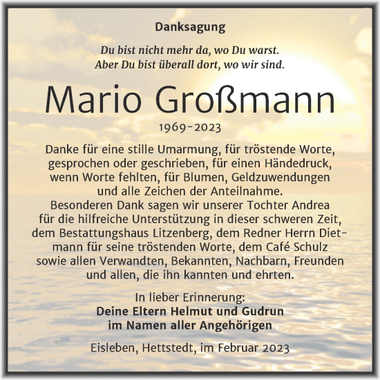 Traueranzeige von Mario Großmann von Trauerkombi Mansfelder Land