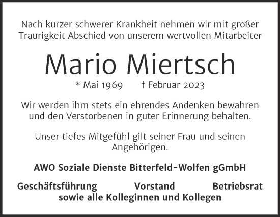 Traueranzeige von Mario Miertsch von Wochenspiegel Bitterfeld