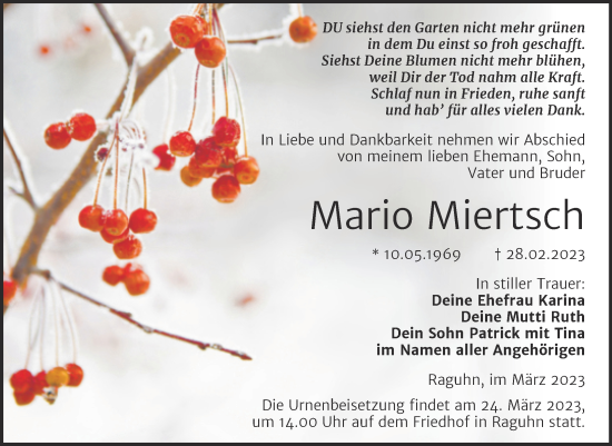 Traueranzeige von Mario Miertsch von Trauerkombi Bitterfeld