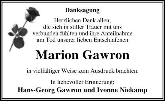 Traueranzeige von Marion Gawron von Trauerkombi Dessau