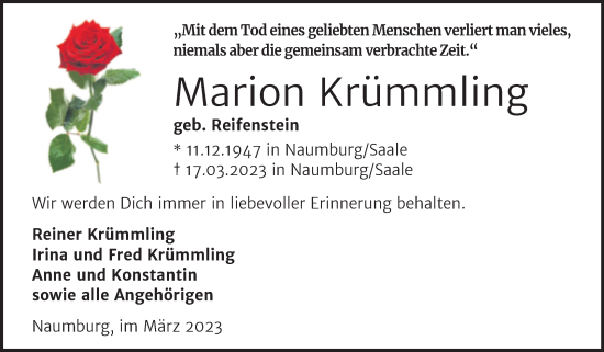 Traueranzeige von Marion Krümmling von Wochenspiegel Naumburg/Nebra