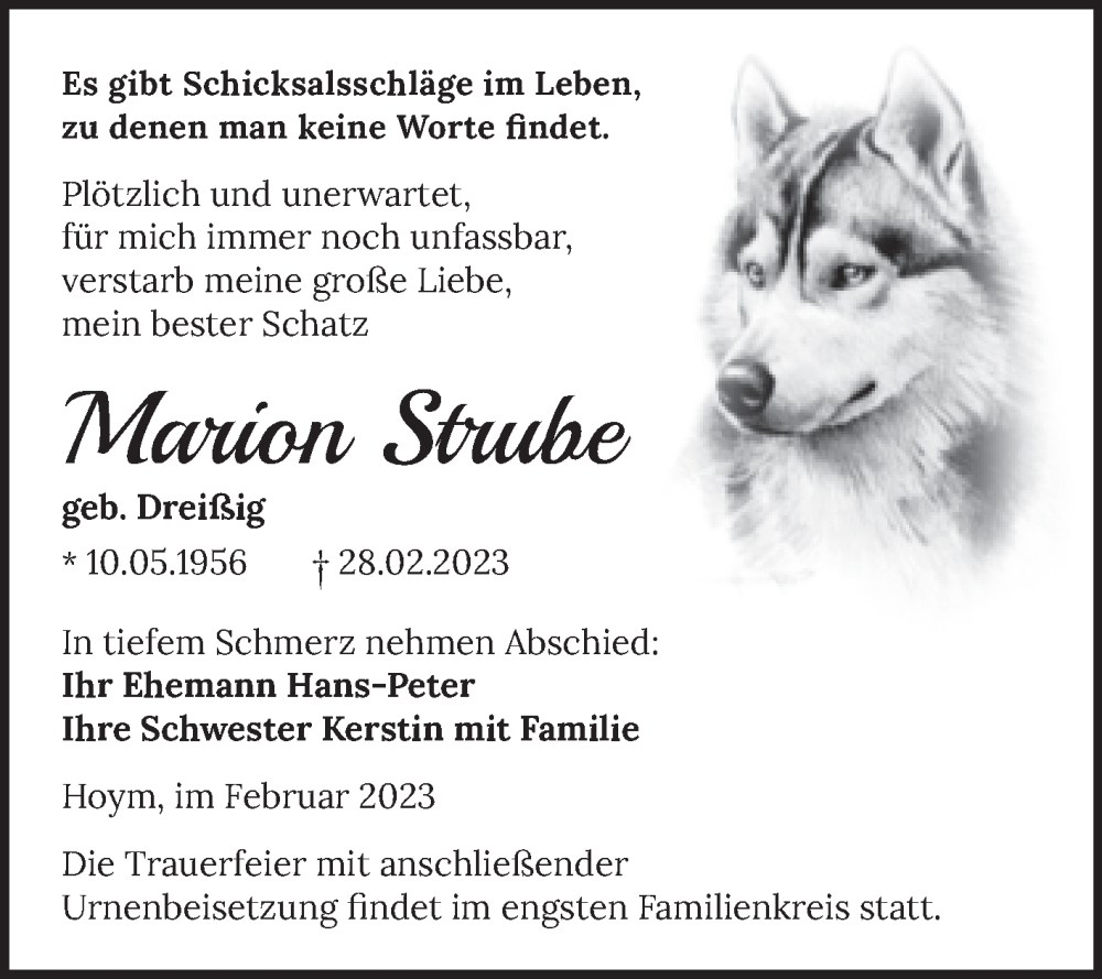  Traueranzeige für Marion Strube vom 11.03.2023 aus Trauerkombi Aschersleben