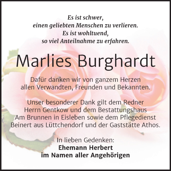 Traueranzeige von Marlies Burghardt von Trauerkombi Mansfelder Land