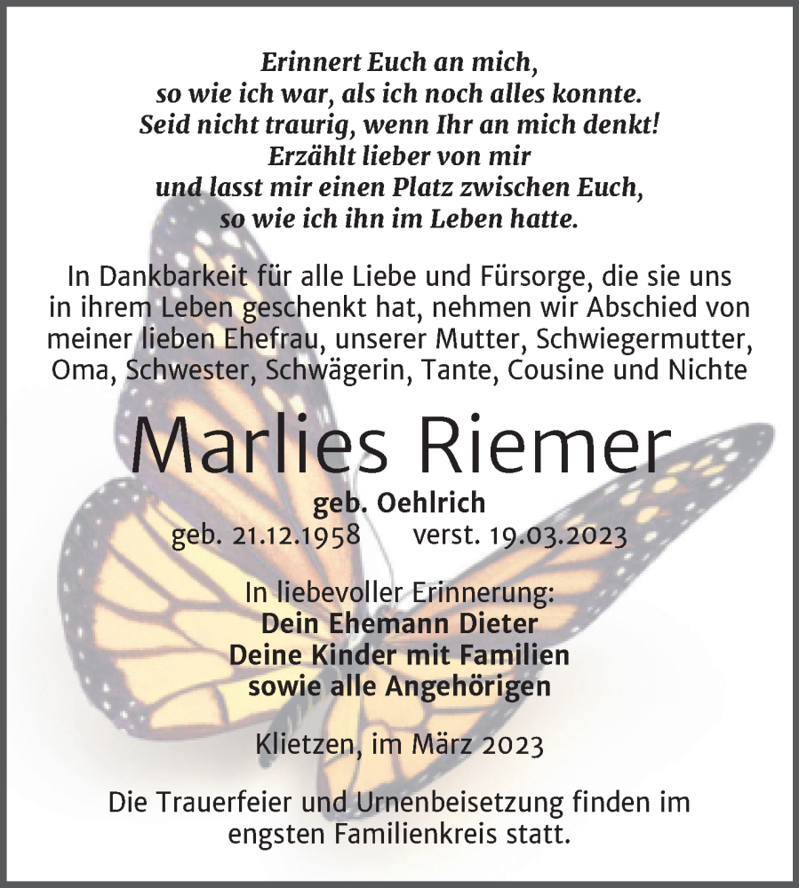  Traueranzeige für Marlies Riemer vom 23.03.2023 aus Trauerkombi Köthen
