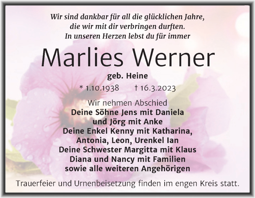  Traueranzeige für Marlies Werner vom 24.03.2023 aus Trauerkombi Mansfelder Land