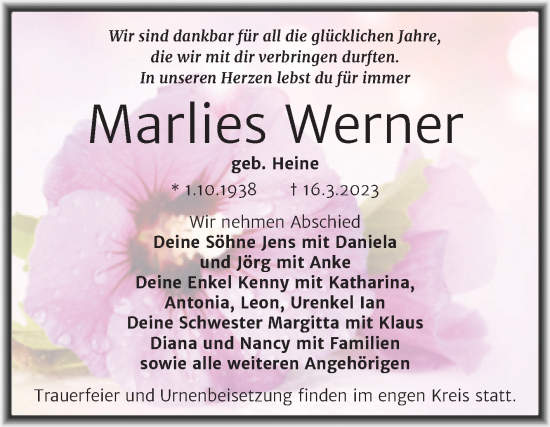 Traueranzeige von Marlies Werner von Trauerkombi Mansfelder Land