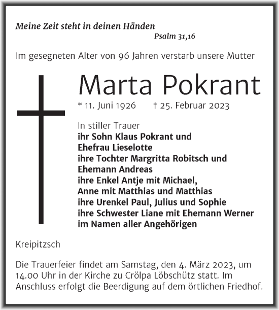 Traueranzeige von Marta Pokrant von Naumburger Tageblatt