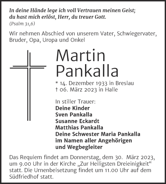Traueranzeige von Martin Pankalla von Mitteldeutsche Zeitung Halle/Saalkreis