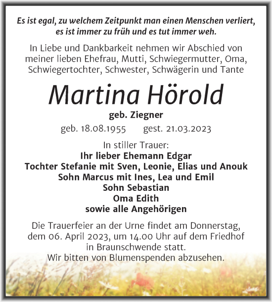 Traueranzeige von Martina Hörold von Trauerkombi Mansfelder Land