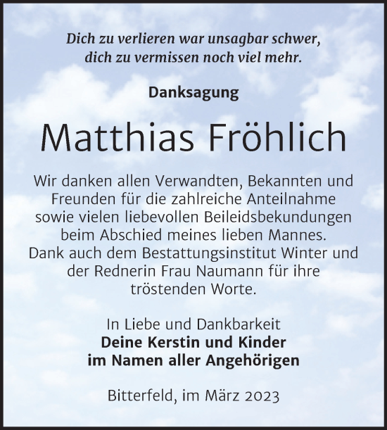 Traueranzeige von Matthias Fröhlich von Trauerkombi Bitterfeld