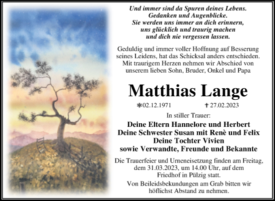 Traueranzeige von Matthias Lange von Trauerkombi Wittenberg