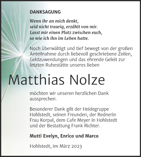 Traueranzeige von Matthias Nolze von Trauerkombi Sangerhausen