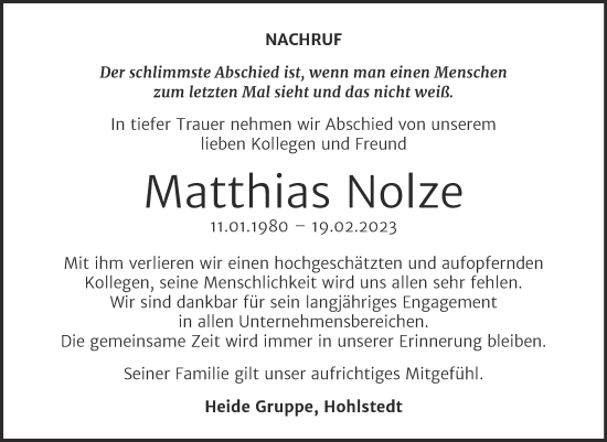 Traueranzeige von Matthias Nolze von Mitteldeutsche Zeitung Sangerhausen