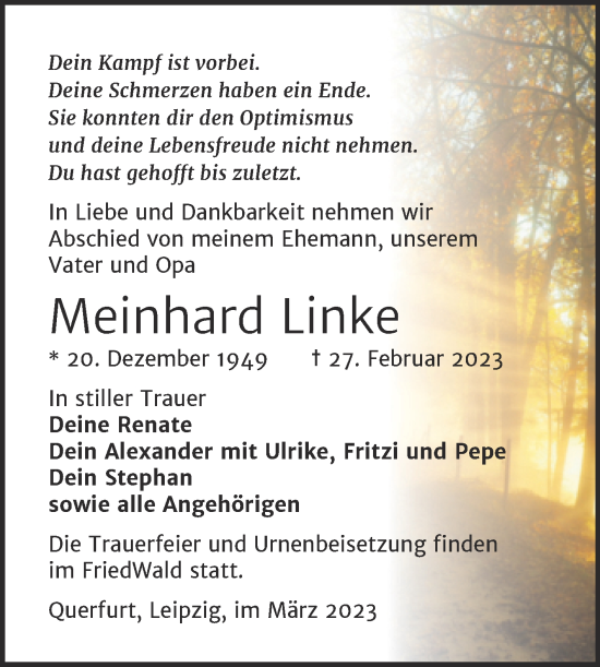 Traueranzeige von Meinhard Linke von Trauerkombi Merseburg