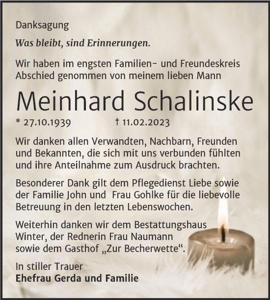 Traueranzeige von Meinhard Schalinske von Trauerkombi Bitterfeld