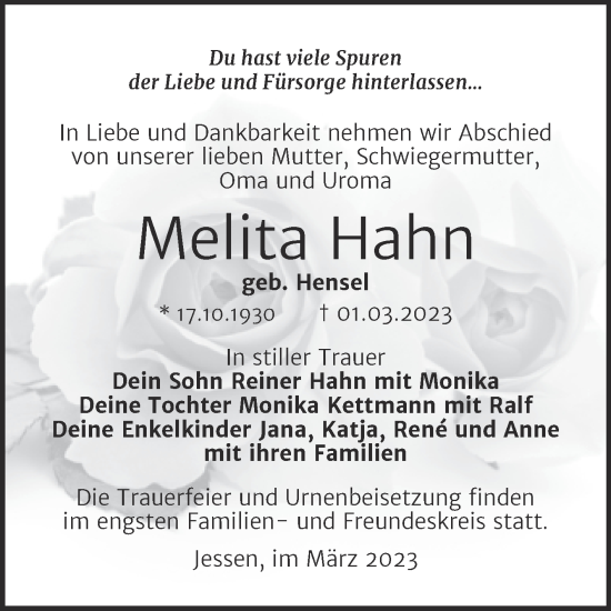 Traueranzeige von Melita Hahn von Trauerkombi Wittenberg