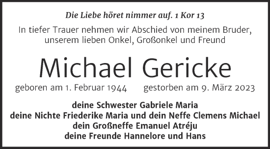 Traueranzeige von Michael Gericke von Trauerkombi Aschersleben