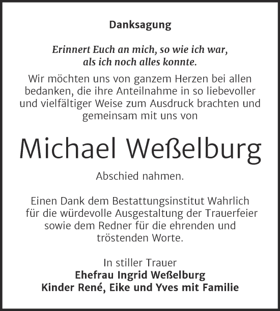 Traueranzeige von Michael Weßelburg von Trauerkombi Mansfelder Land