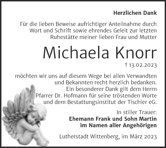 Traueranzeige von Michaela Knorr von Trauerkombi Wittenberg