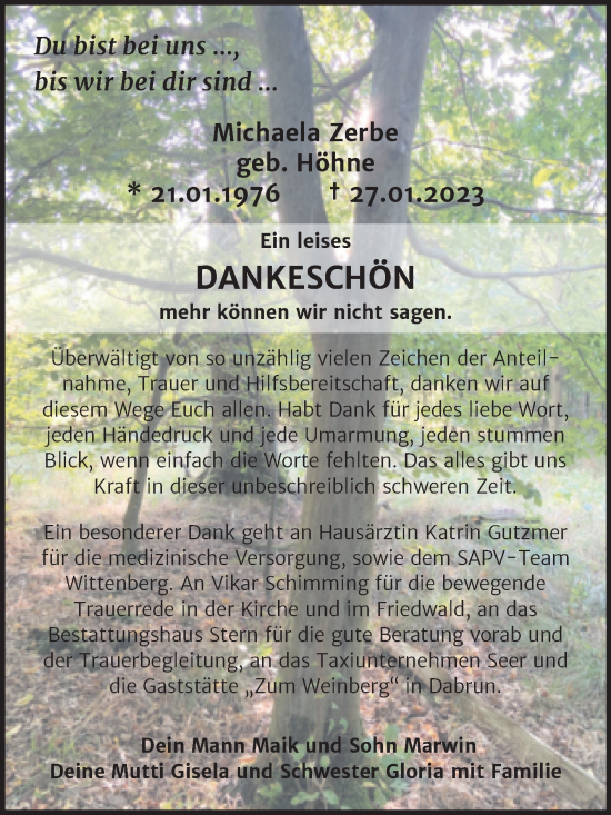Traueranzeige von Michaela Zerbe von Trauerkombi Wittenberg