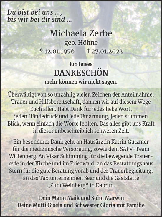 Traueranzeige von Michaela Zerbe von Trauerkombi Wittenberg