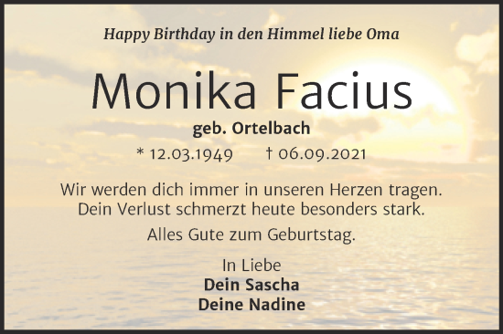 Traueranzeige von Monika Facius von Trauerkombi Wittenberg