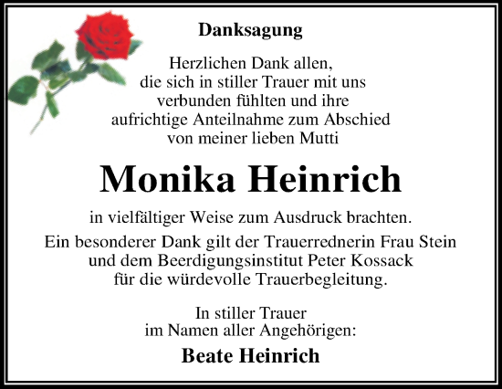 Traueranzeige von Monika Heinrich von Trauerkombi Dessau