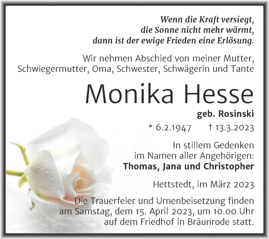 Traueranzeige von Monika Hesse von Trauerkombi Mansfelder Land