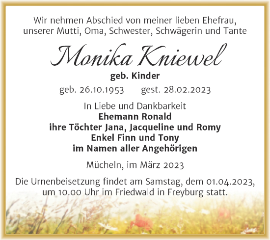 Traueranzeige von Monika Kniewel von Trauerkombi Merseburg