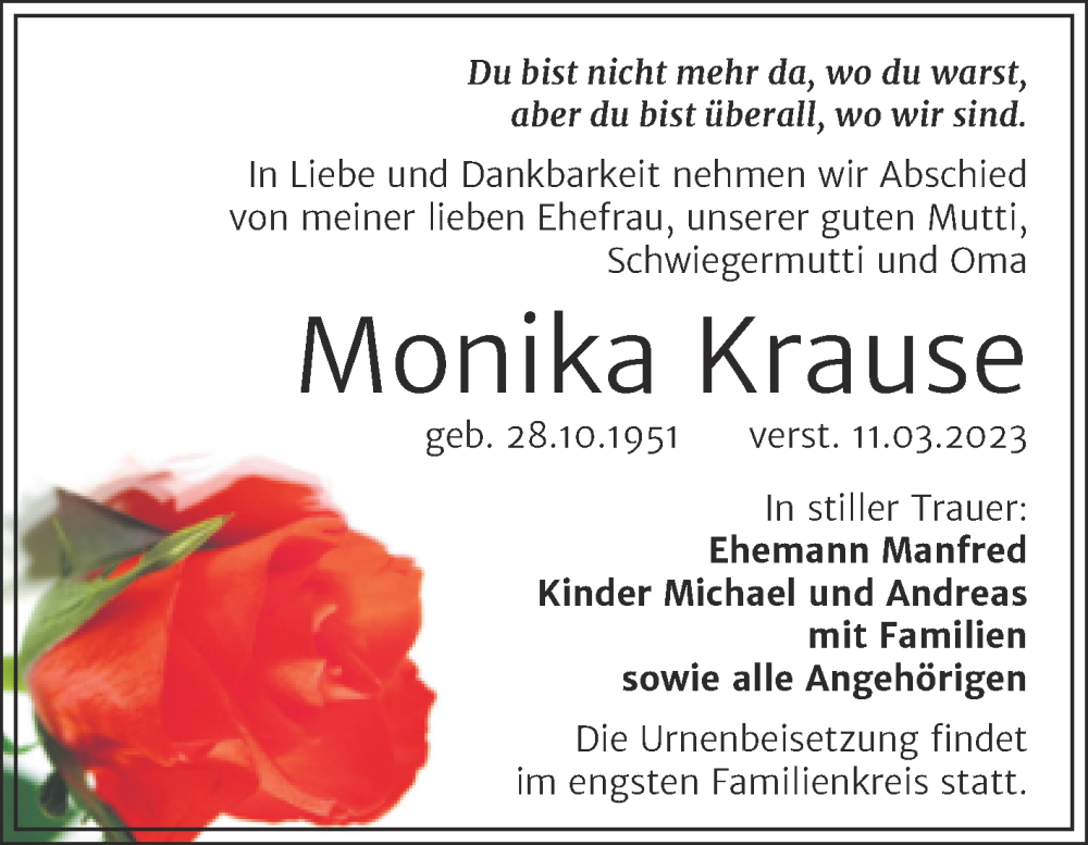  Traueranzeige für Monika Krause vom 22.03.2023 aus Trauerkombi Weißenfels