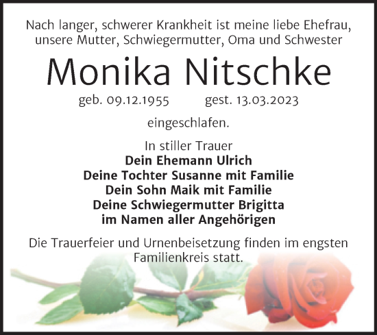 Traueranzeige von Monika Nitschke von Trauerkombi Wittenberg