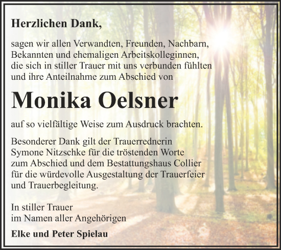Traueranzeige von Monika Oelsner von Trauerkombi Dessau