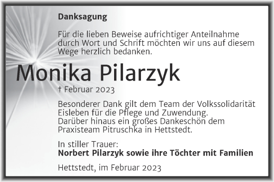Traueranzeige von Monika Pilarzyk von Trauerkombi Mansfelder Land