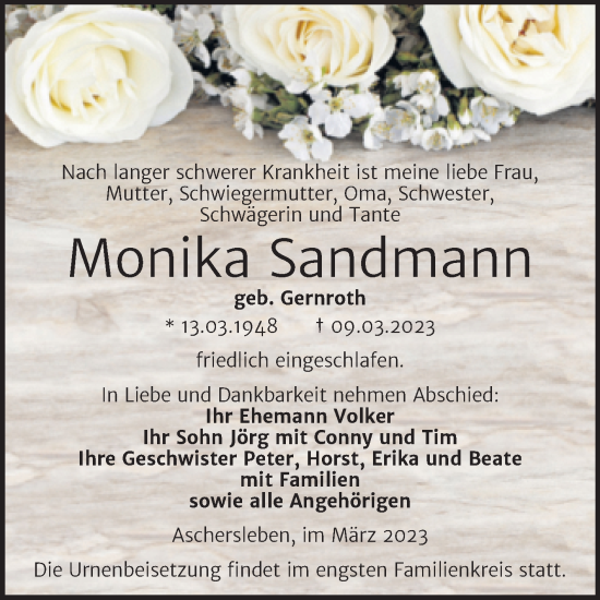 Traueranzeige von Monika Sandmann von Trauerkombi Aschersleben