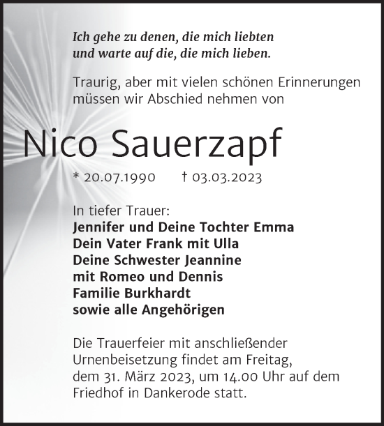Traueranzeige von Nico Sauerzapf von Trauerkombi Quedlinburg