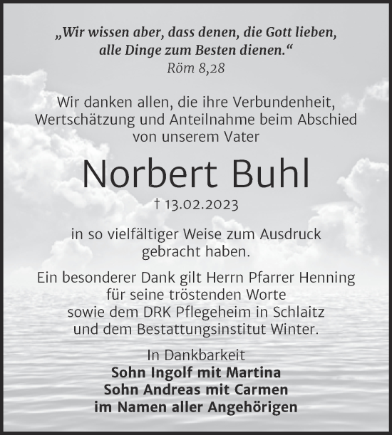 Traueranzeige von Norbert Buhl von Trauerkombi Bitterfeld