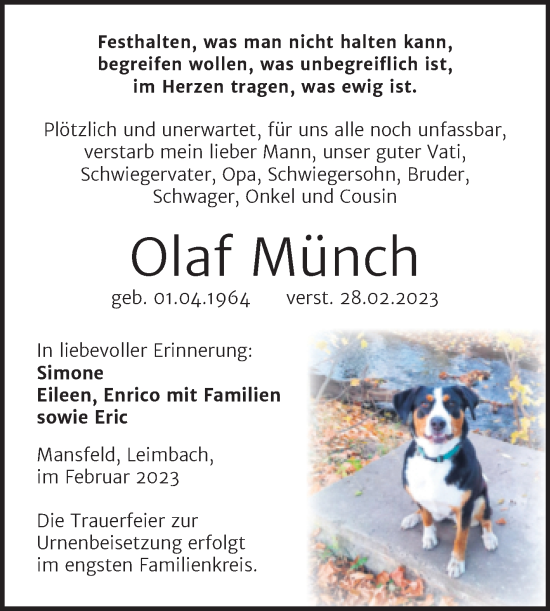 Traueranzeige von Olaf Münch von Trauerkombi Mansfelder Land