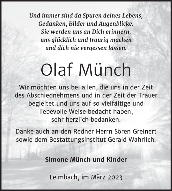 Traueranzeige von Olaf Münch von Trauerkombi Mansfelder Land