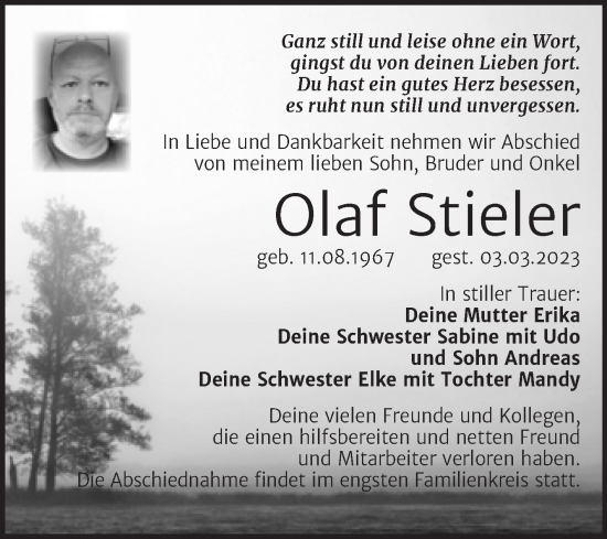 Traueranzeige von Olaf Stieler von Trauerkombi Dessau