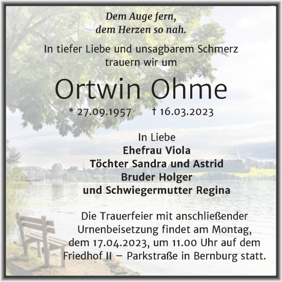 Traueranzeige von Ortwin Ohme von Trauerkombi Bernburg
