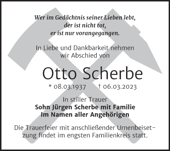Traueranzeige von Otto Scherbe von Trauerkombi Sangerhausen