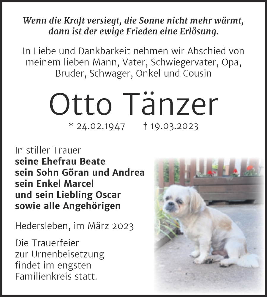  Traueranzeige für Otto Tänzer vom 29.03.2023 aus Trauerkombi Mansfelder Land