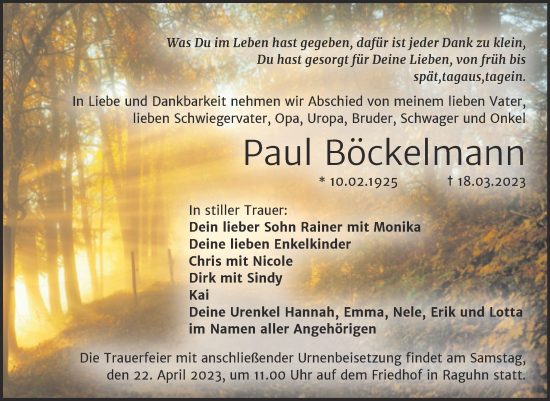 Traueranzeige von Paul Böckelmann von Trauerkombi Bitterfeld