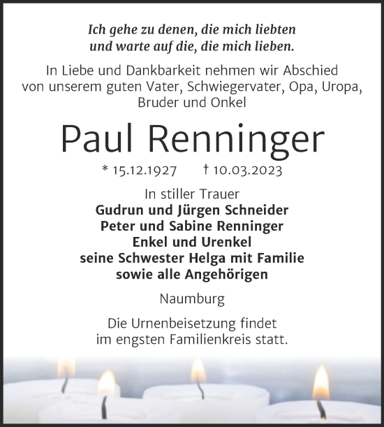 Traueranzeige von Paul Renninger von Wochenspiegel Naumburg/Nebra